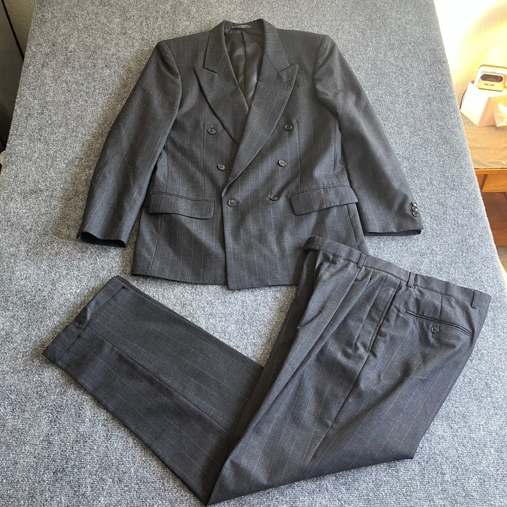 Paulo Solari Mens Athletic Fit Suit 40R Charcoal Grey Pinstripe Double Breasted